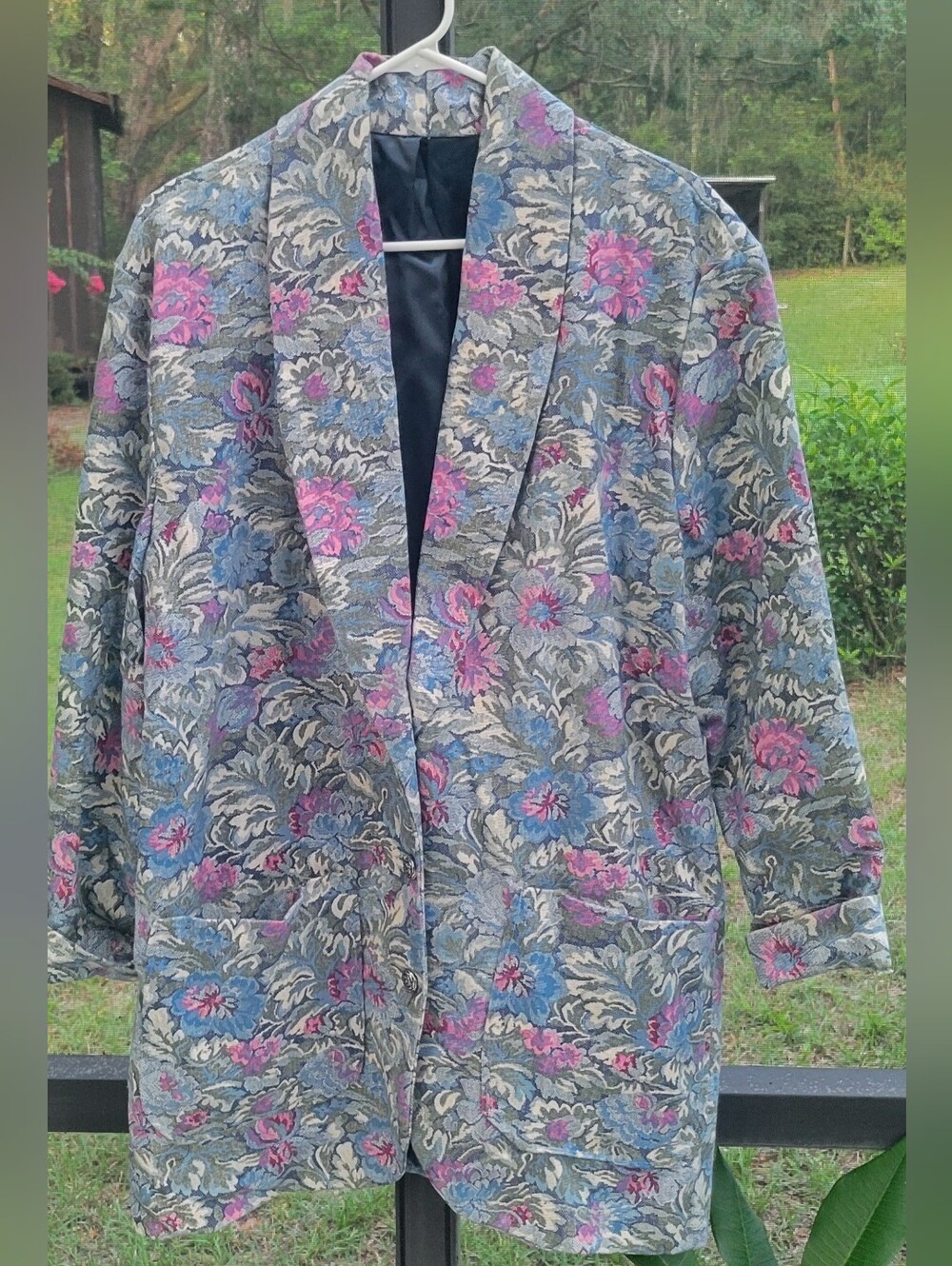 Vintage Floral Tapestry Blazer Women's Open Front Brocade Jacket 80s Cottagecore